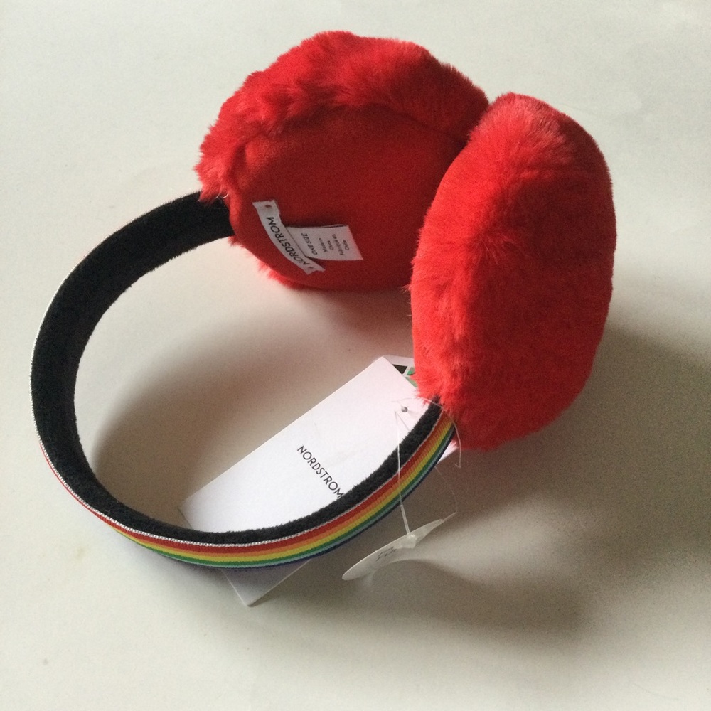 NORDSTROM FAUX FUR EAR MUFFS RED WITH RAINBOW HEADBAND OS NWT